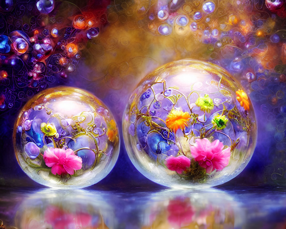 Translucent spheres with flowers on colorful bokeh background