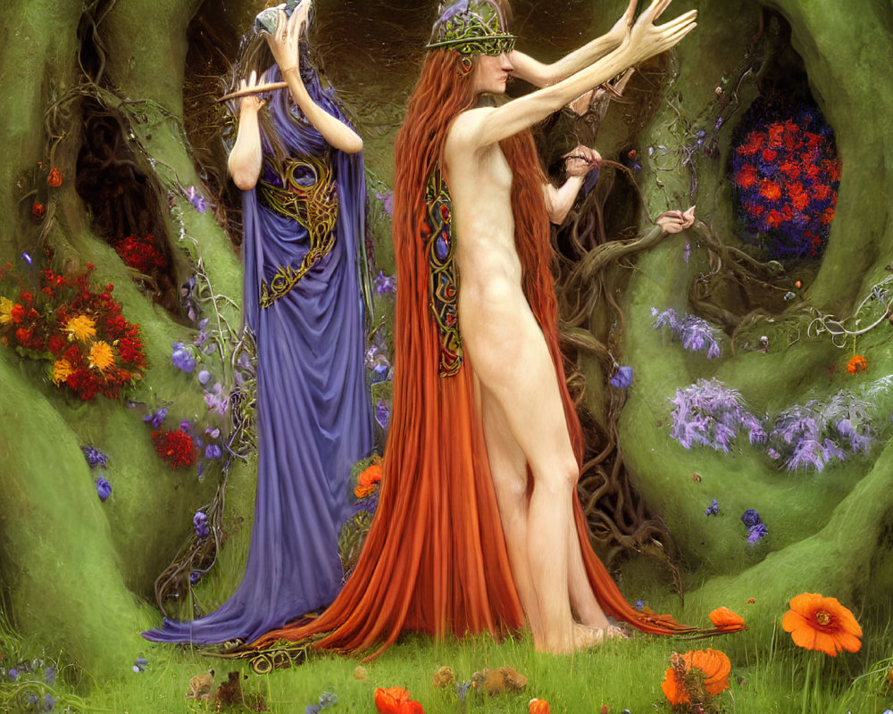 Ethereal women in enchanted forest with vibrant flowers