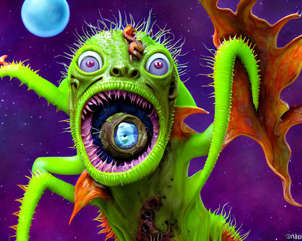 Detailed whimsical monster with multiple eyes, sharp teeth, and tentacles on cosmic purple backdrop