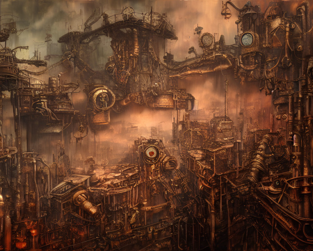 Steampunk cityscape with gears, pipes, and industrial structures against amber sky