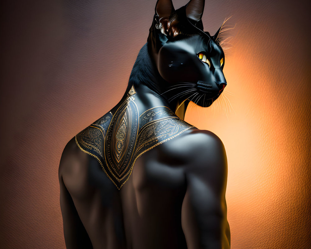 Muscular Figure with Black Cat Head and Golden Tattoos