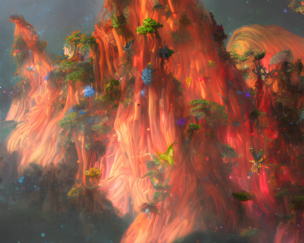 Ethereal forest with luminous flora and glowing haze