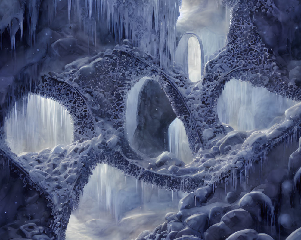 Ethereal icy cave with natural archways and icicles