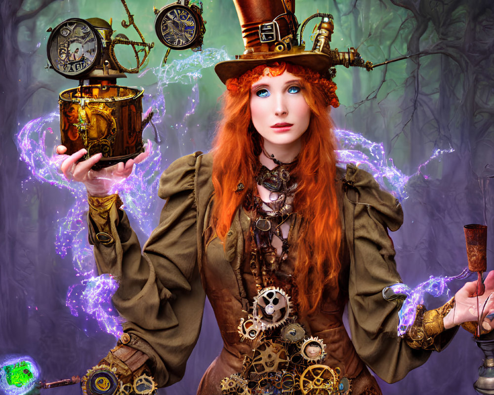 Steampunk-inspired woman with red hair holding magical orb and candlestick amidst floating gears and purple energy