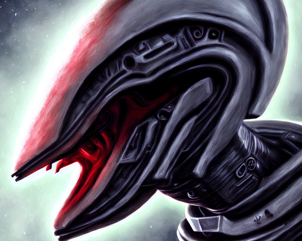 Red-eyed alien with metallic exoskeleton and helmet on starry background