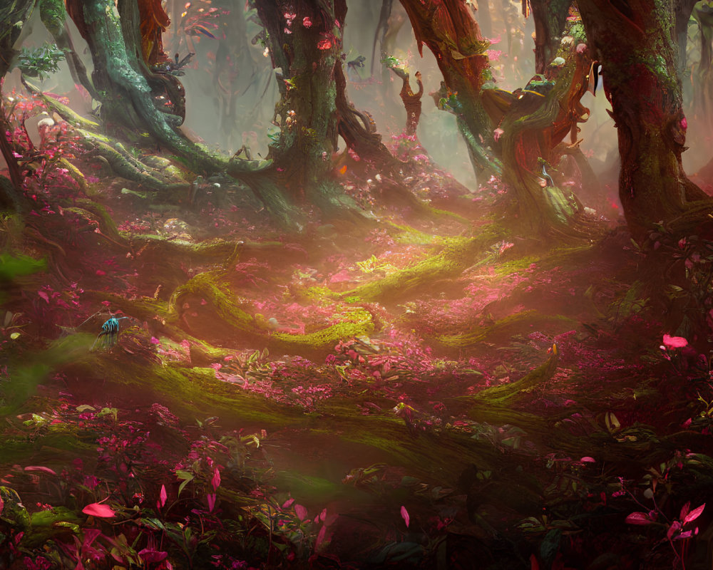 Vibrant pink and green mystical forest with twisting trees and glowing flora