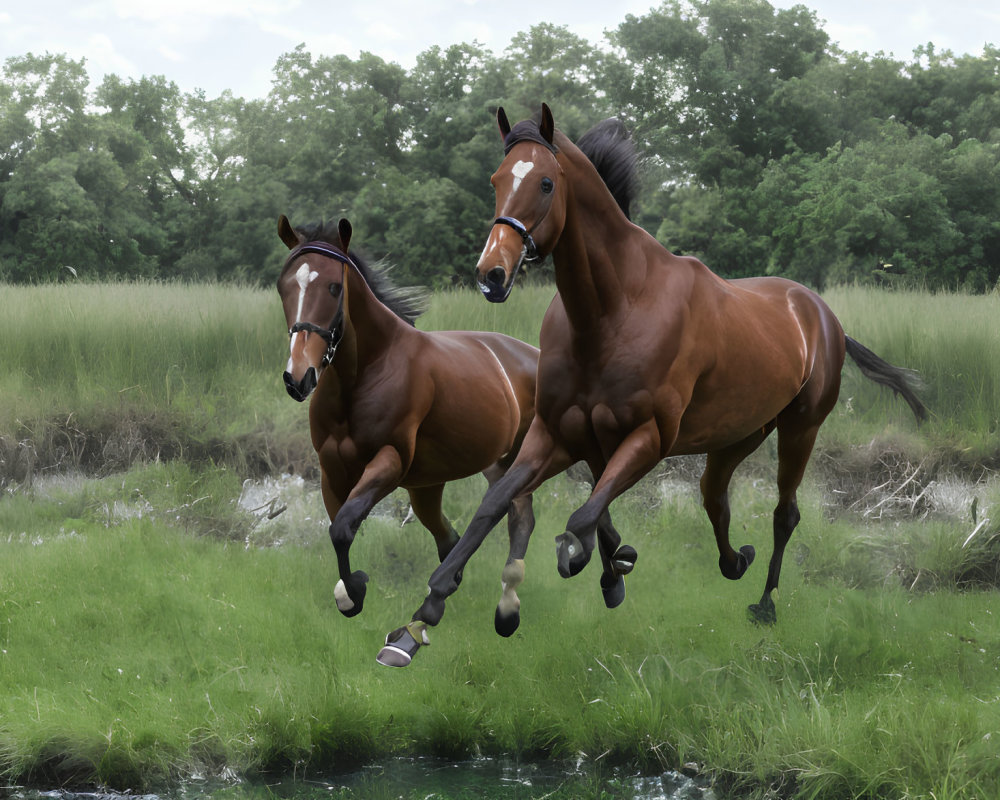 Two galloping horses in lush greenery with creek and trees.