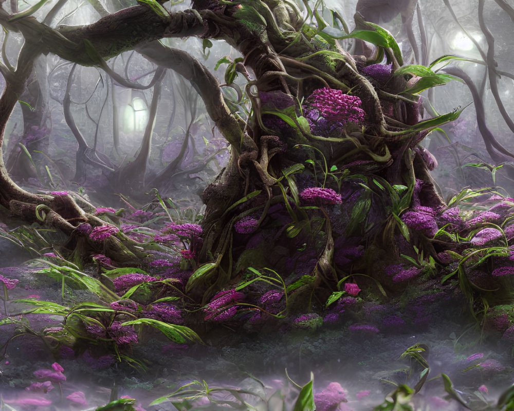 Mystical forest with twisted trees and purple flora in misty ambiance