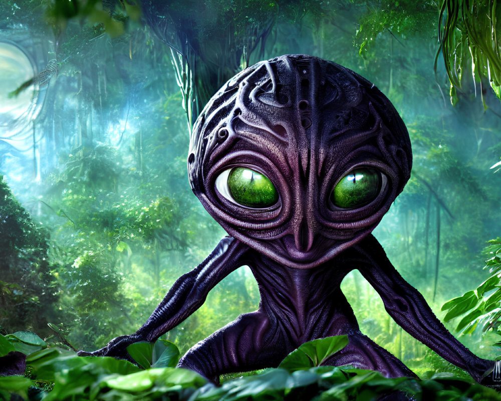 Alien creature with large green eyes in lush, foggy forest