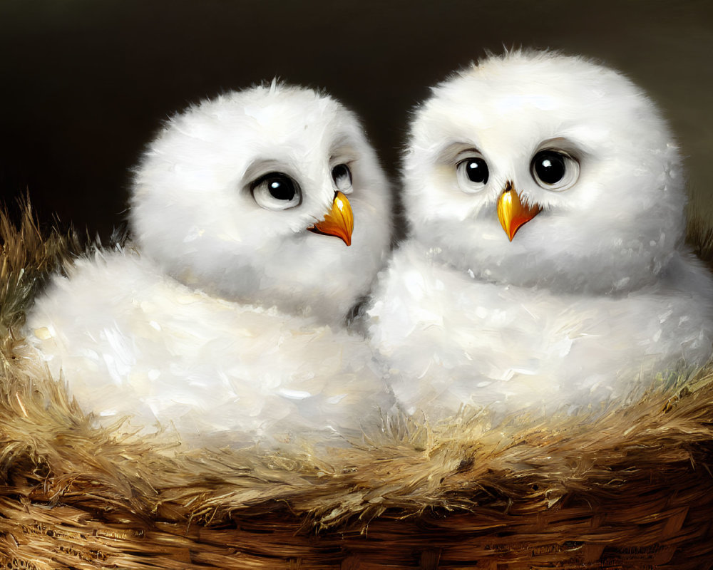 Fluffy white owlets in woven nest with feathers & straw