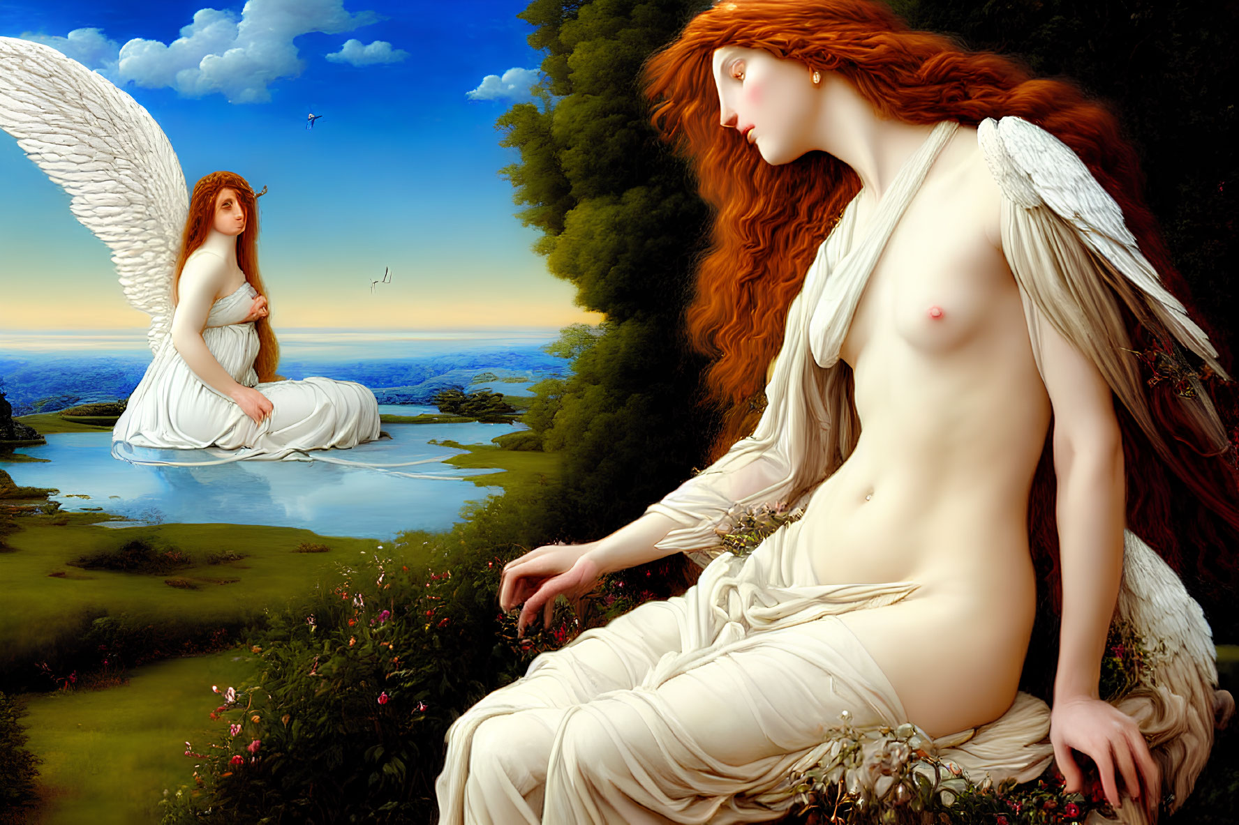 Ethereal women with angelic wings in tranquil landscape