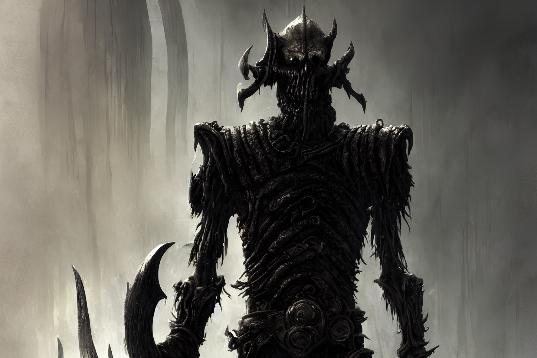 Dark fantasy figure with horns and armor in eerie setting