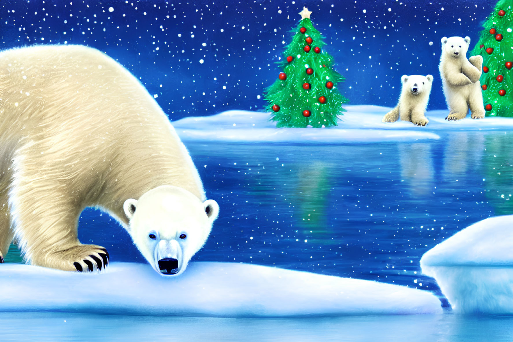 Polar Bear Cub and Parent in Snowy Landscape with Christmas Tree