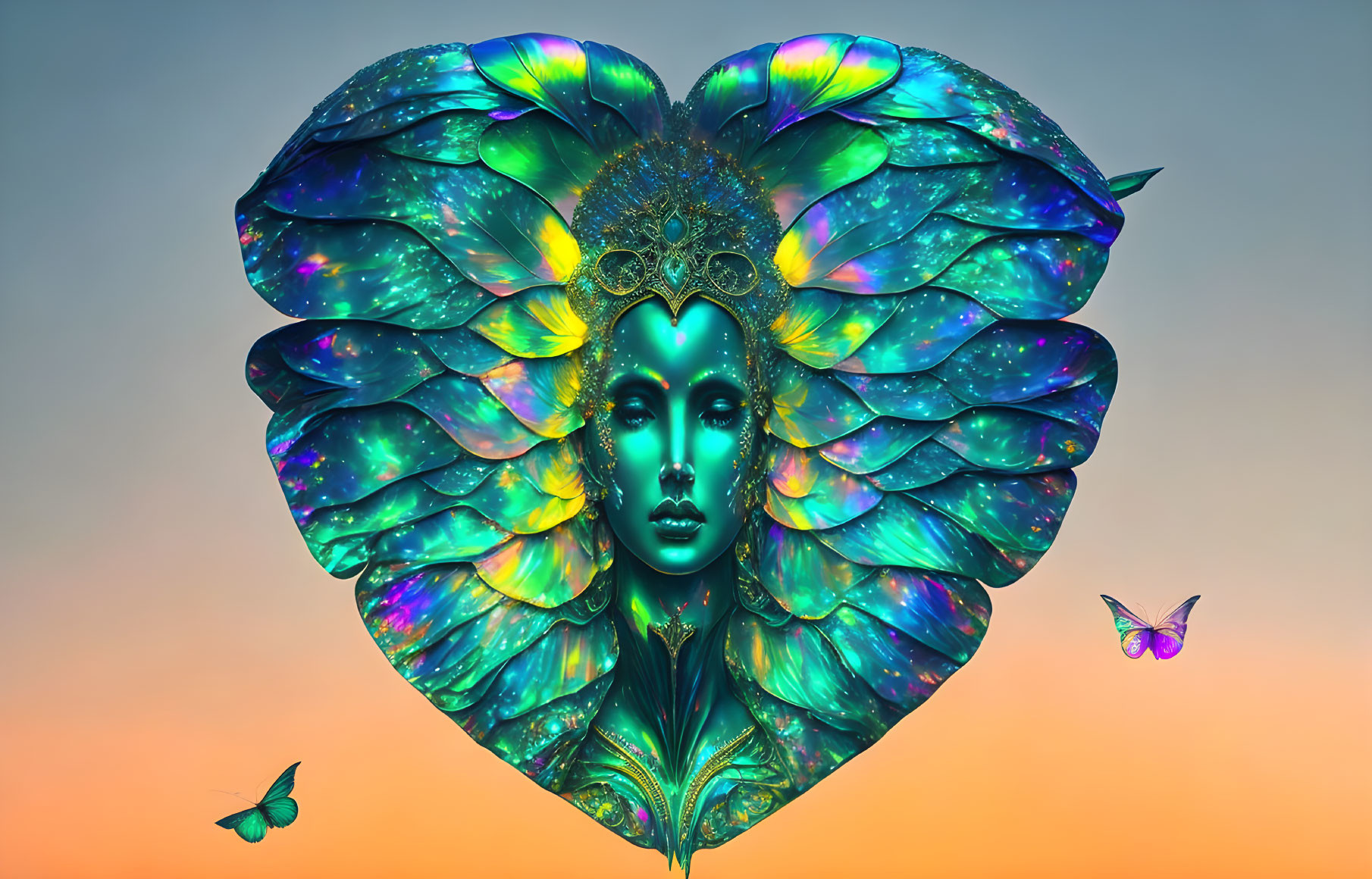 Heart-Shaped Design with Ethereal Face and Butterflies