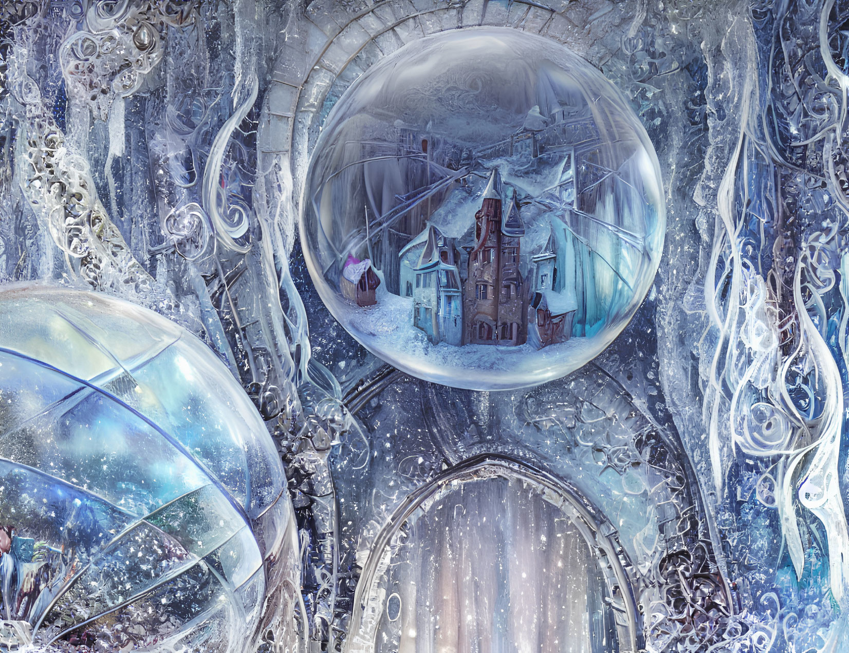 Icy Landscape with Frost Patterns and Crystal Balls