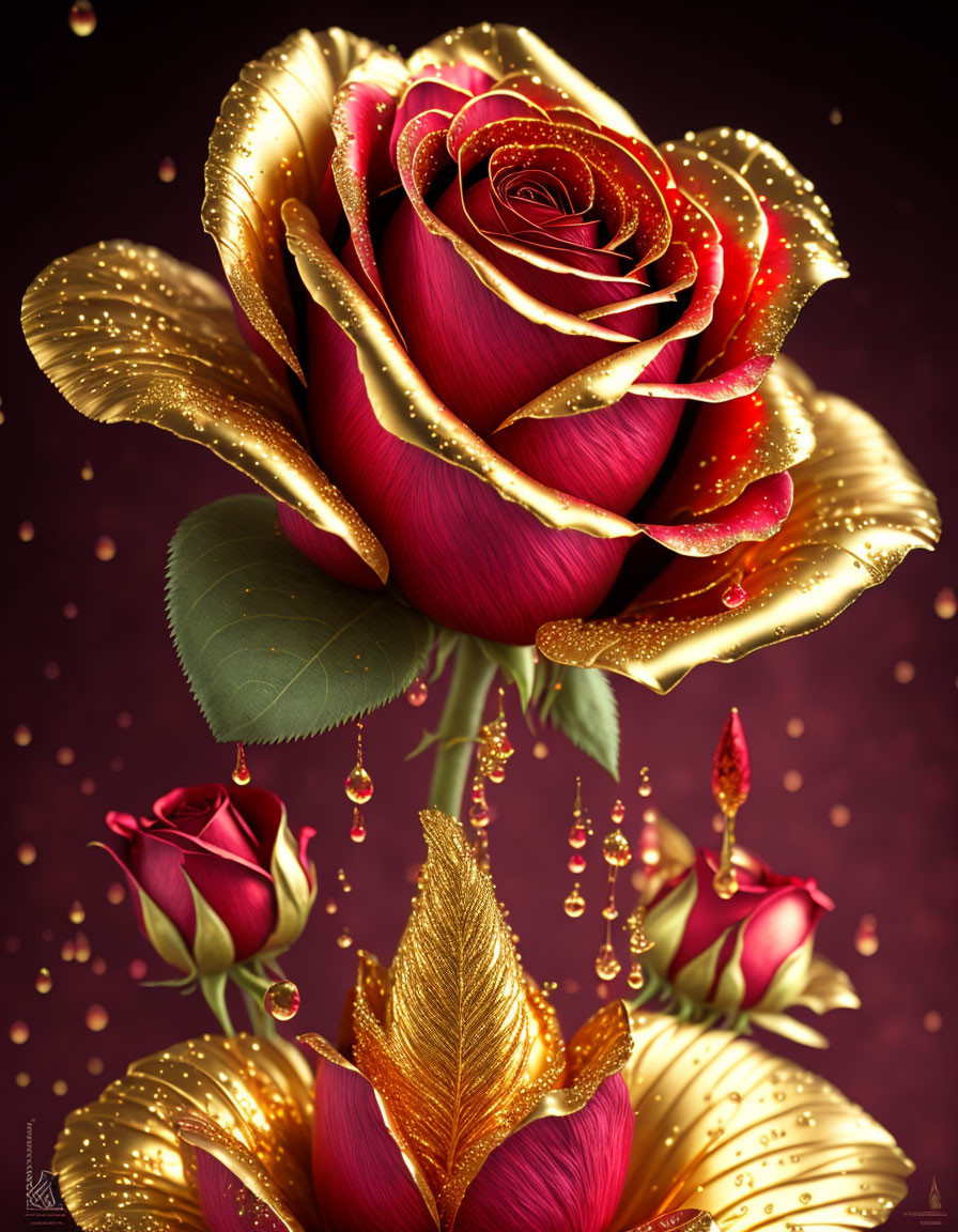 Digital artwork of deep red rose with gold accents and droplets on dark background