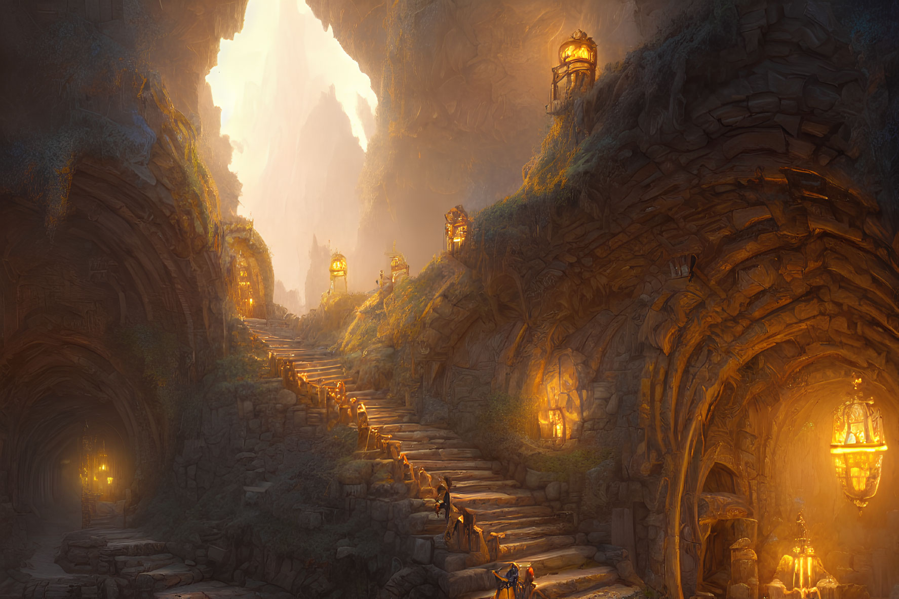 Subterranean city with stone stairs and warm lanterns under cavernous opening.