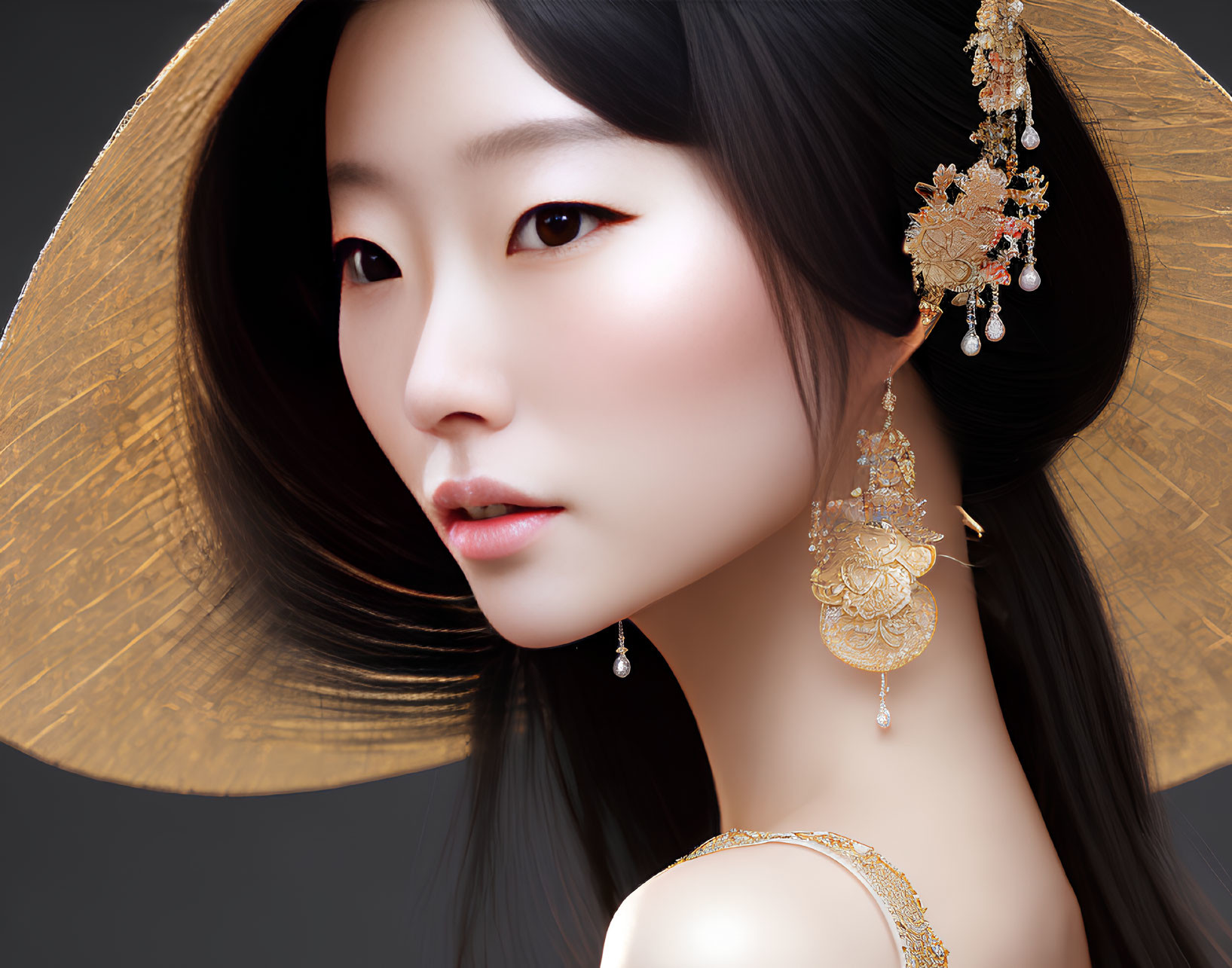 Asian woman in traditional conical hat and gold jewelry on dark background