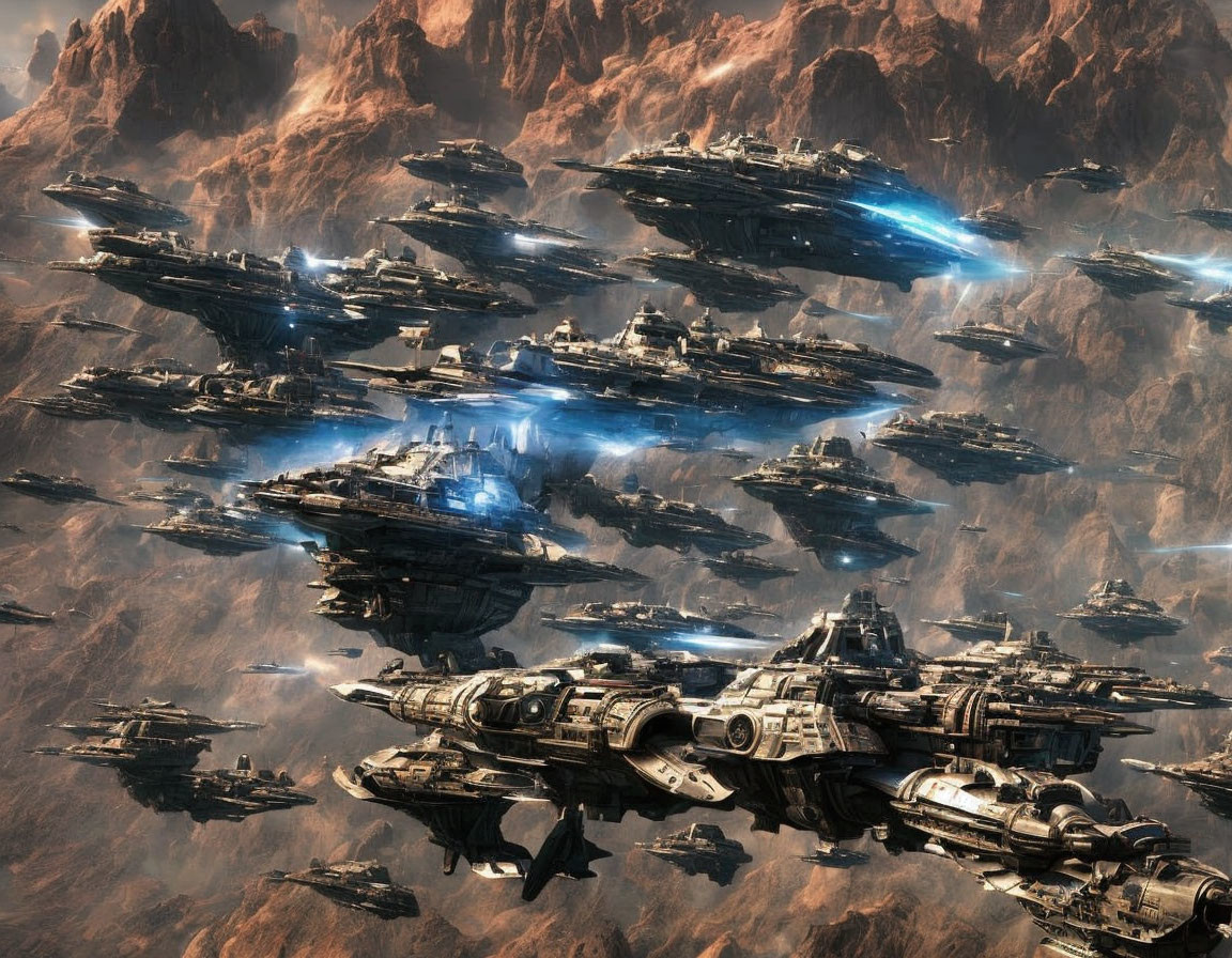Futuristic spacecraft above rugged mountainous landscape