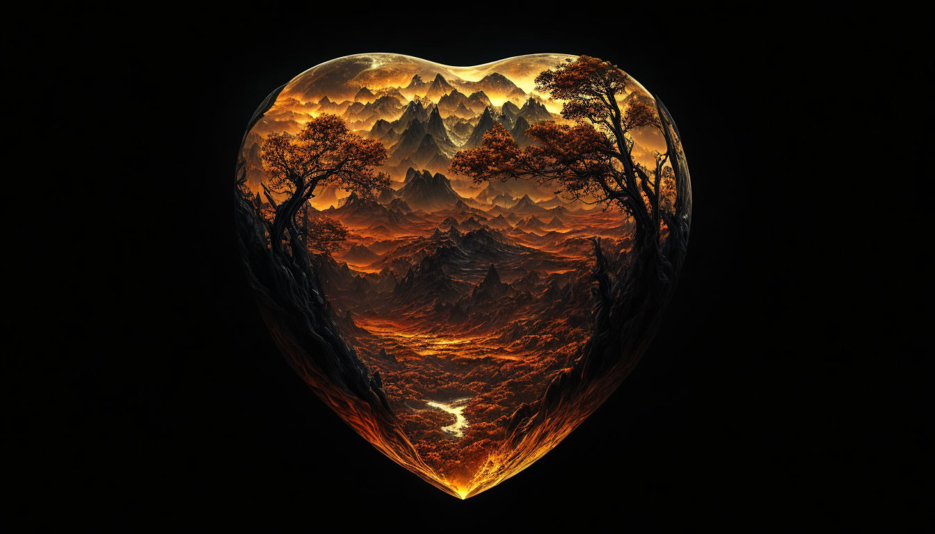 Heart-Shaped Landscape with Autumn Trees and Mountains