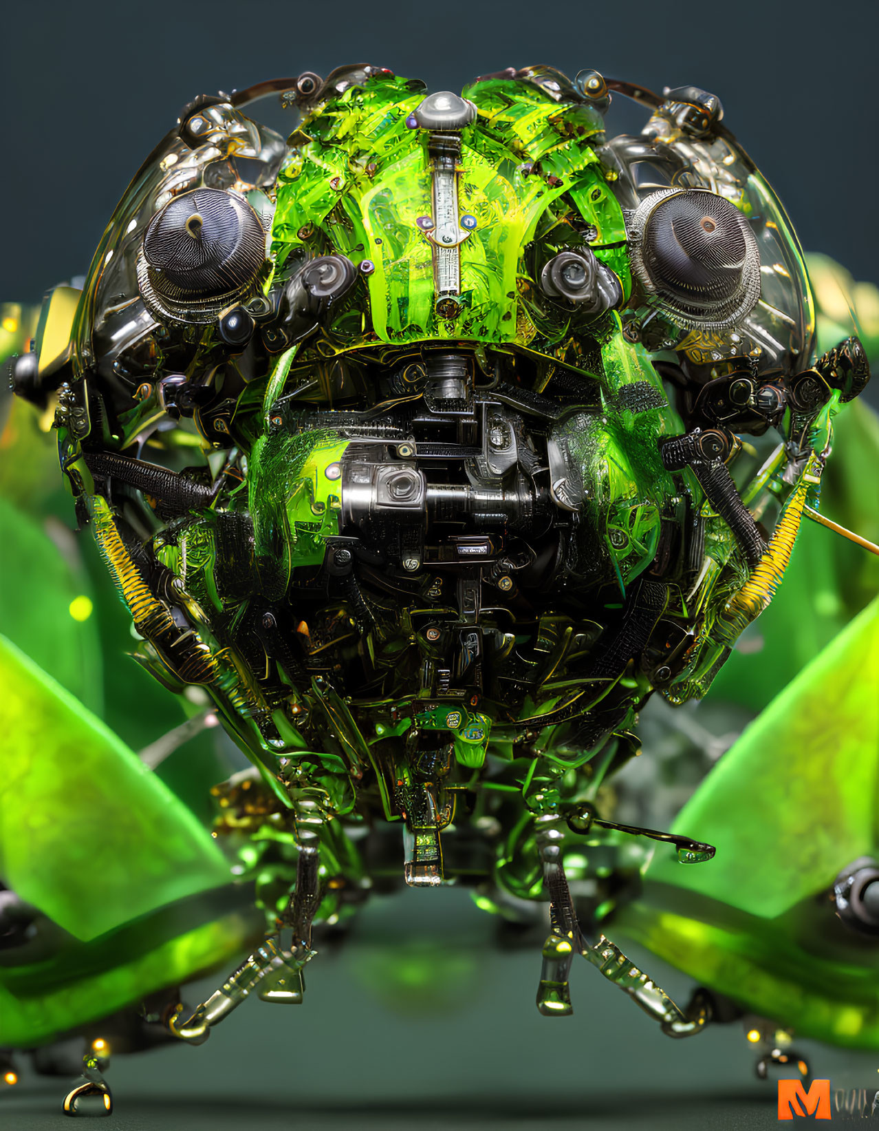 Detailed futuristic mechanical sphere with green lighting and metallic parts.