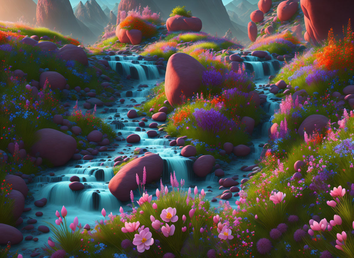 Colorful Flora and Cascading Streams in Fantastical Landscape