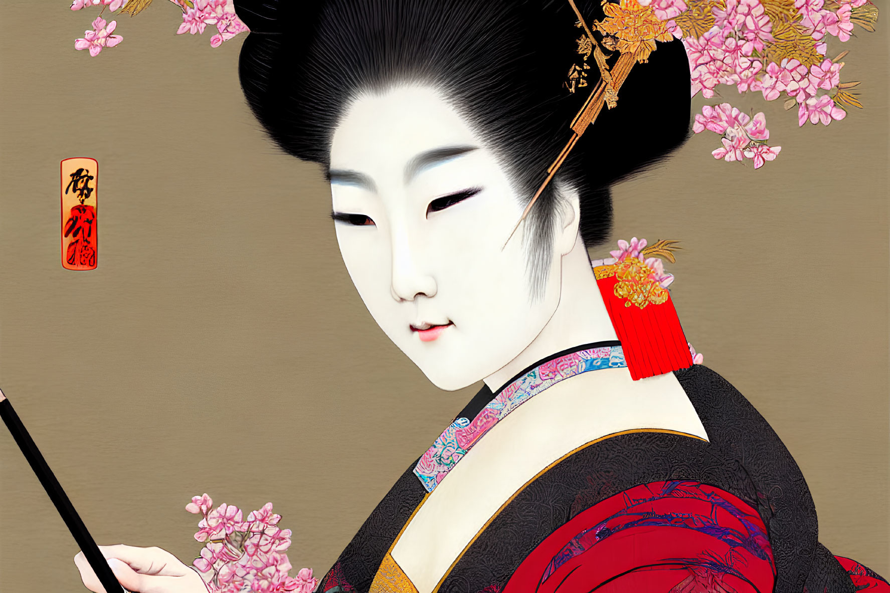 Traditional Japanese Geisha Woman Illustration with Cherry Blossom Backdrop