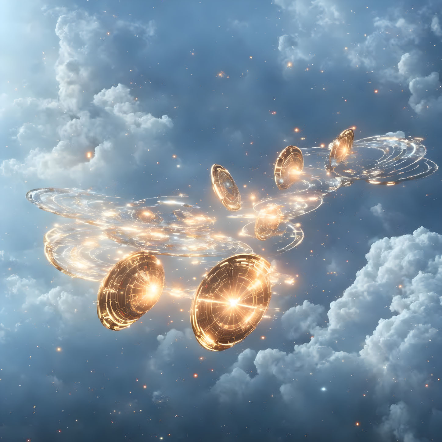 Futuristic golden rings floating among clouds in digital artwork