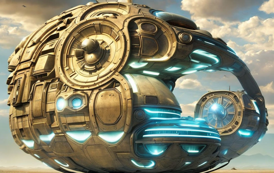 Spherical spaceship with blue thrusters in cloudy sky