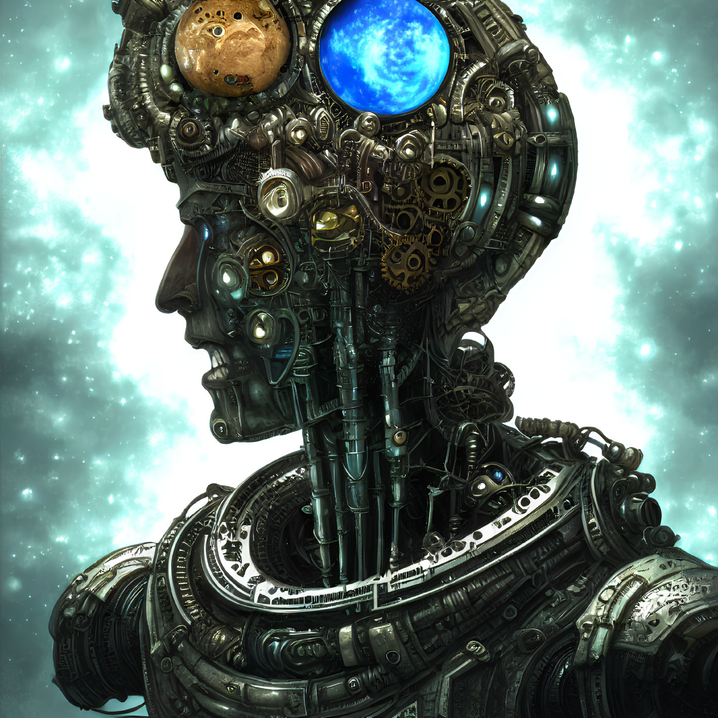 Detailed Illustration of Robotic Head with Celestial Globe Crown