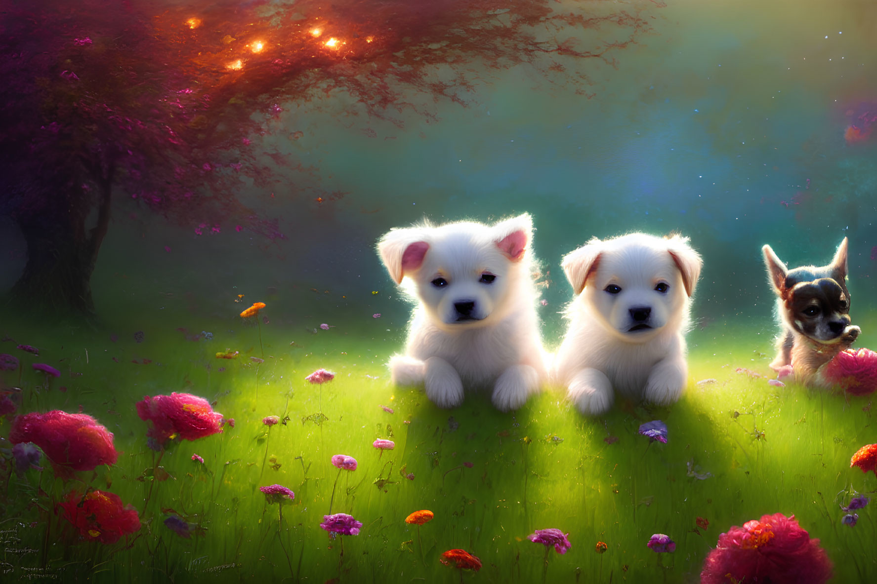 Three adorable puppies in magical meadow with mystical tree and colorful sky