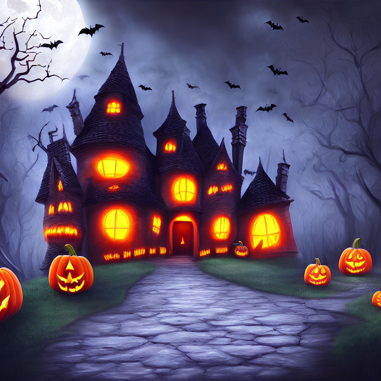 Spooky Halloween-themed illustration with haunted house, pumpkins, bats, and full moon