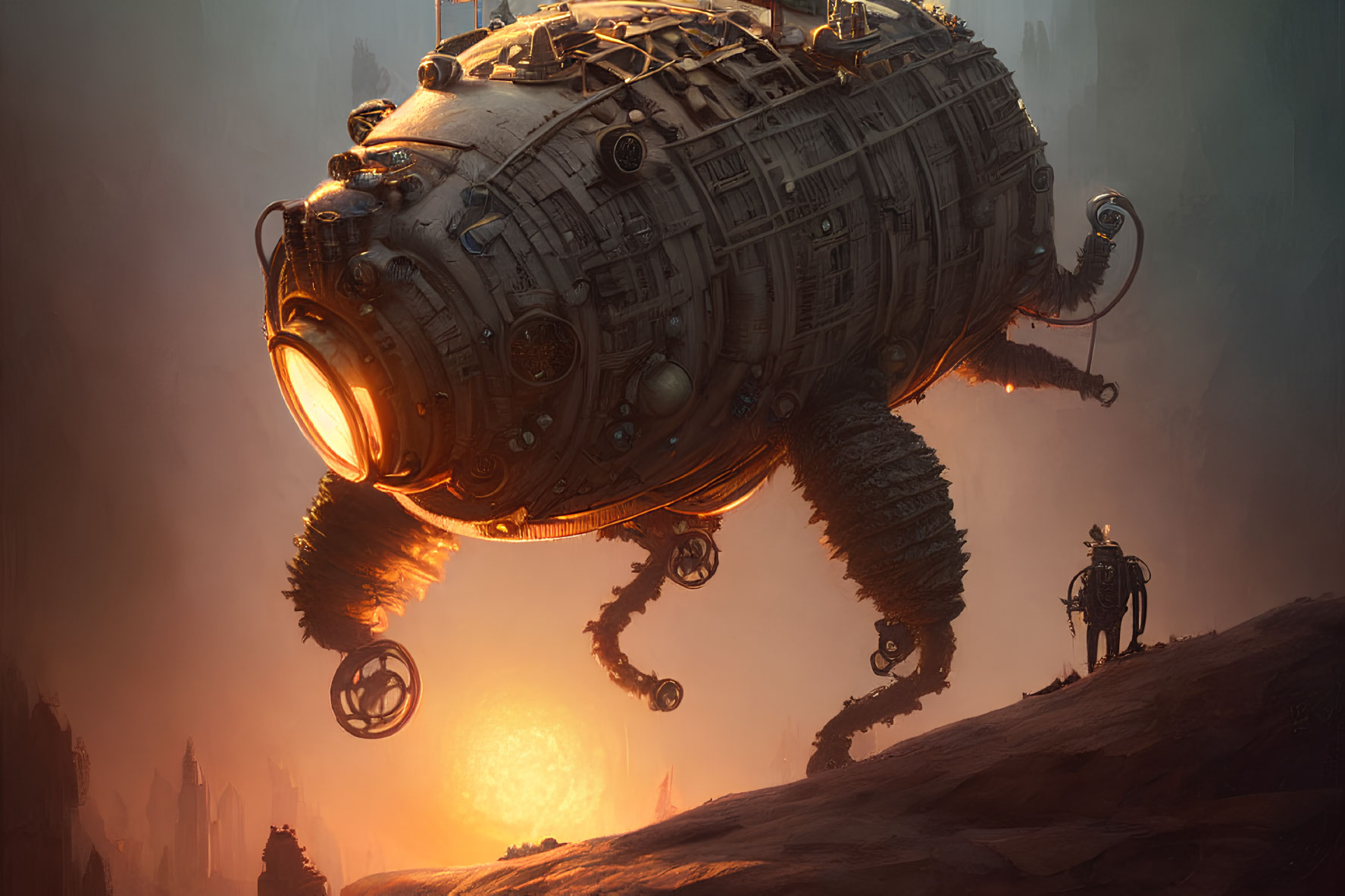 Gigantic steampunk airship at sunset with lone figure observing