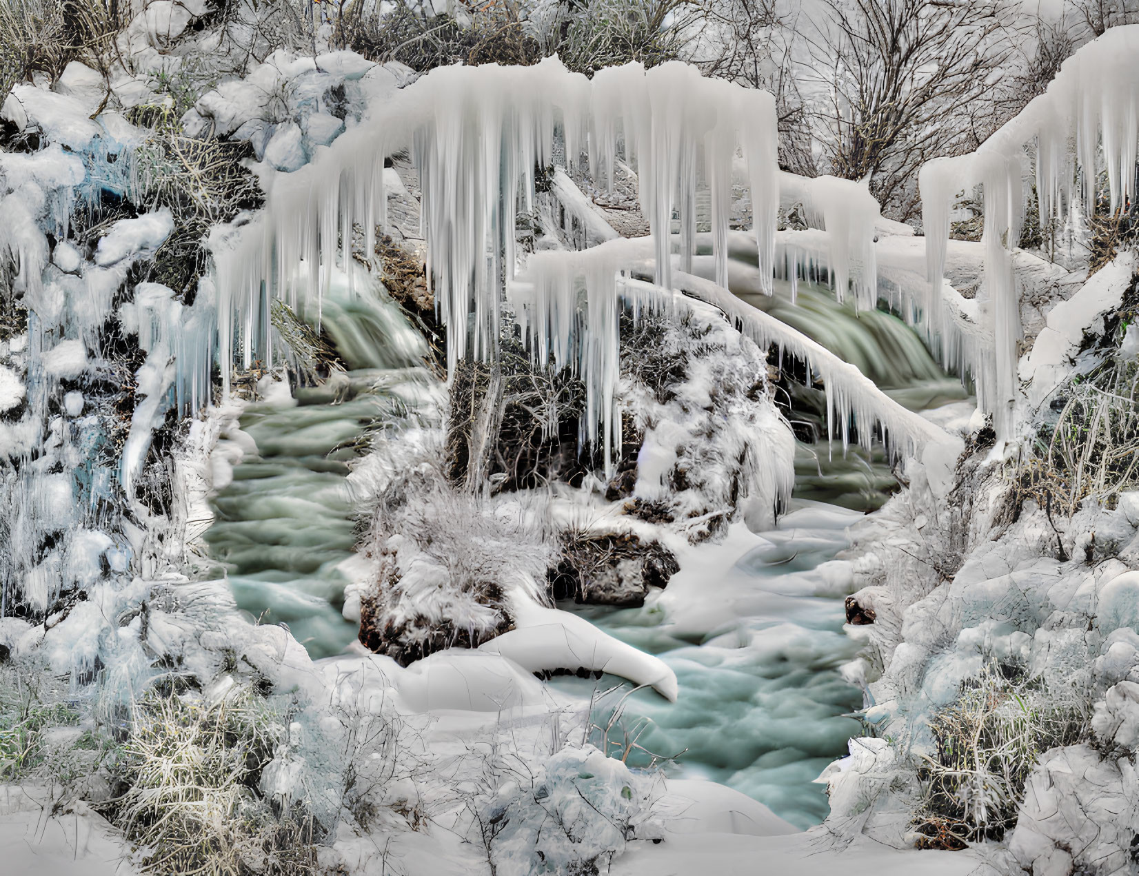 Winter Waterfall Among Icicles and Snow-covered Vegetation