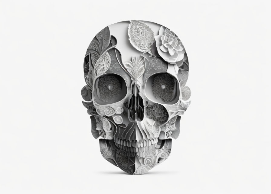 Monochrome skull with floral and patterned designs on white background