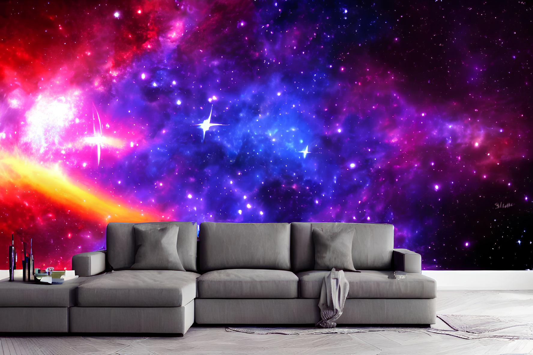 Modern Living Room with Large Grey Sectional Sofa & Cosmic Galaxy-Print Wallpaper