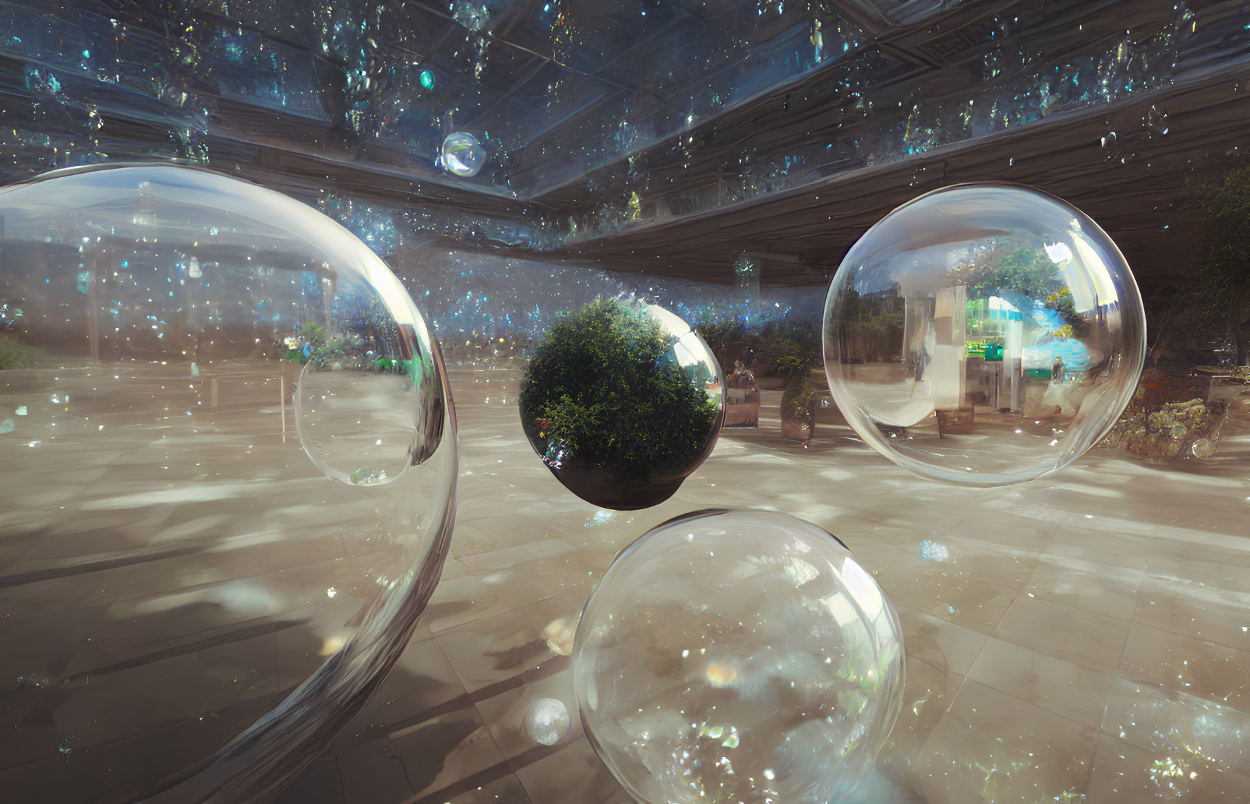 Transparent bubbles and green trees in sunlit conservatory