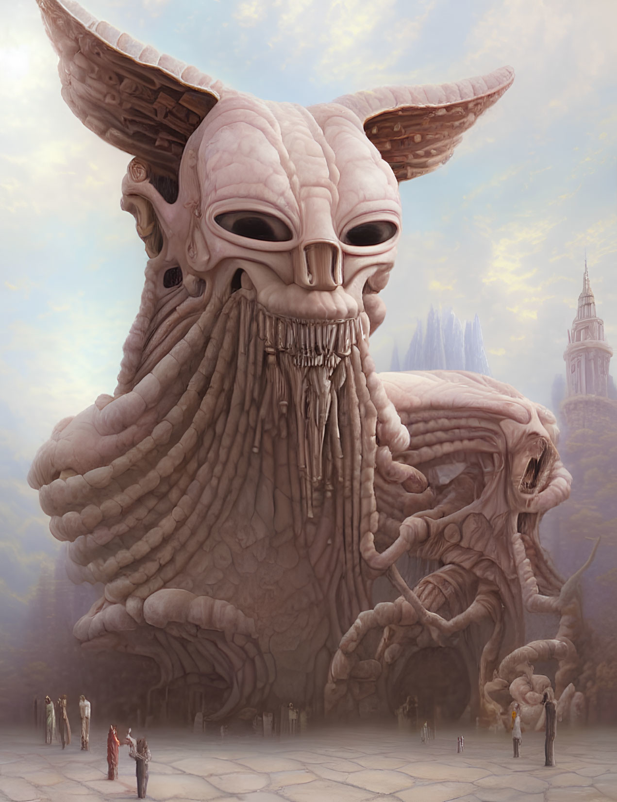 Gigantic humanoid-faced octopus creature dominates misty landscape