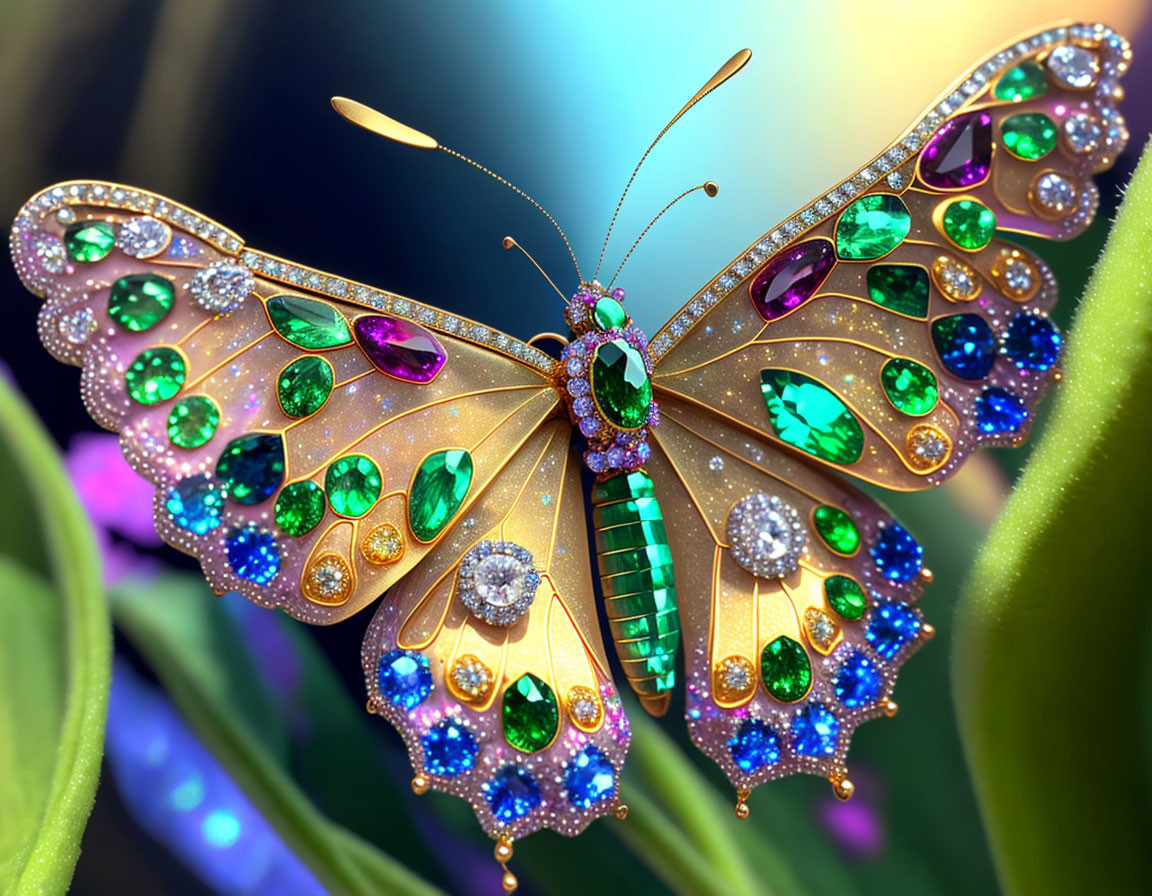 Iridescent Butterfly Illustration with Gemstone Details