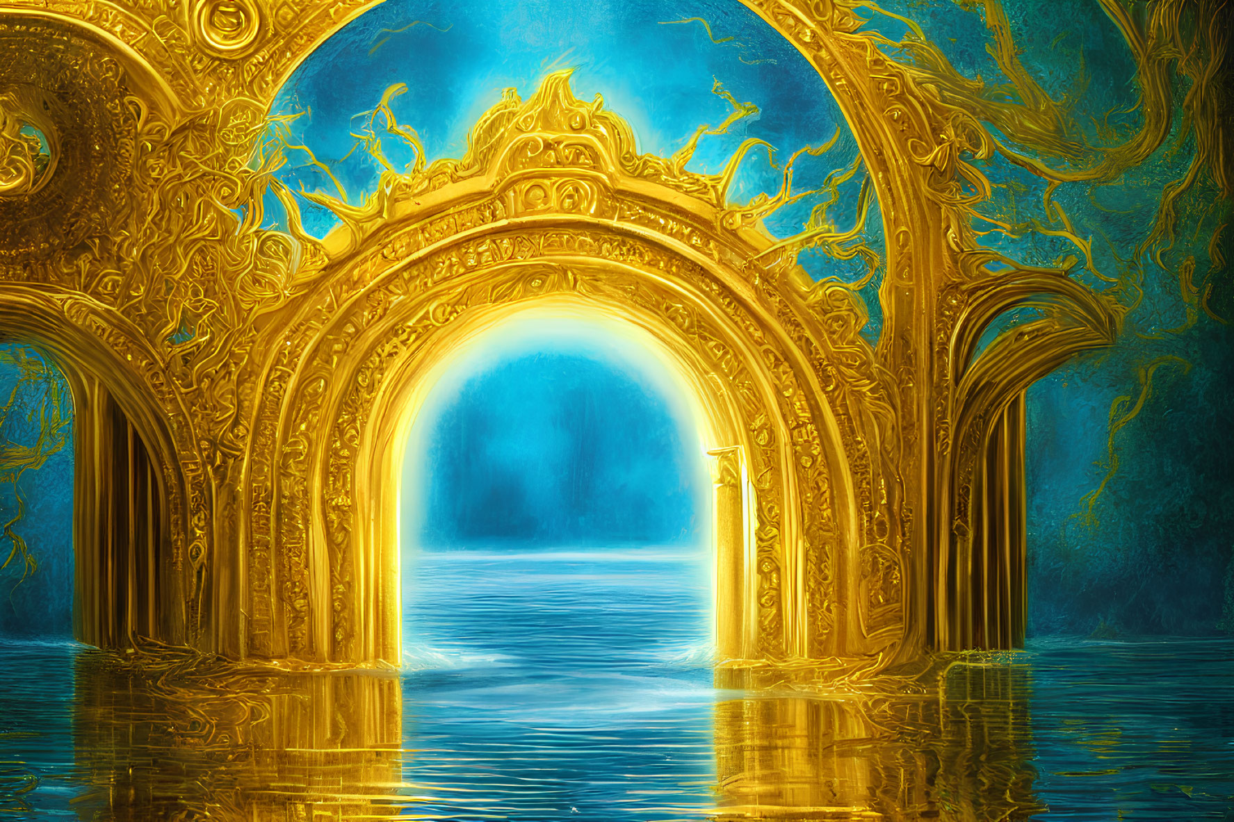 Golden archway leading to tranquil blue water and intricate designs.