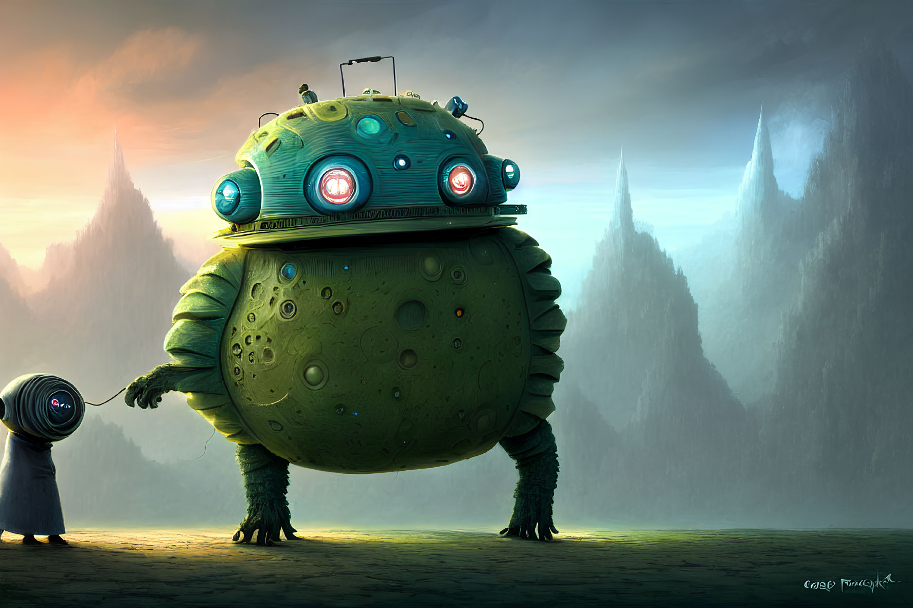 Large green robot with dome body and spindly legs in misty landscape