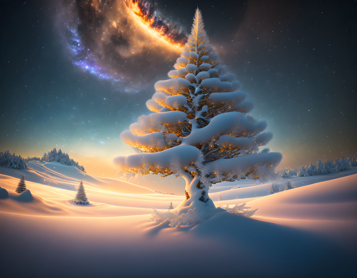 Snowy landscape with prominent pine tree under dramatic night sky