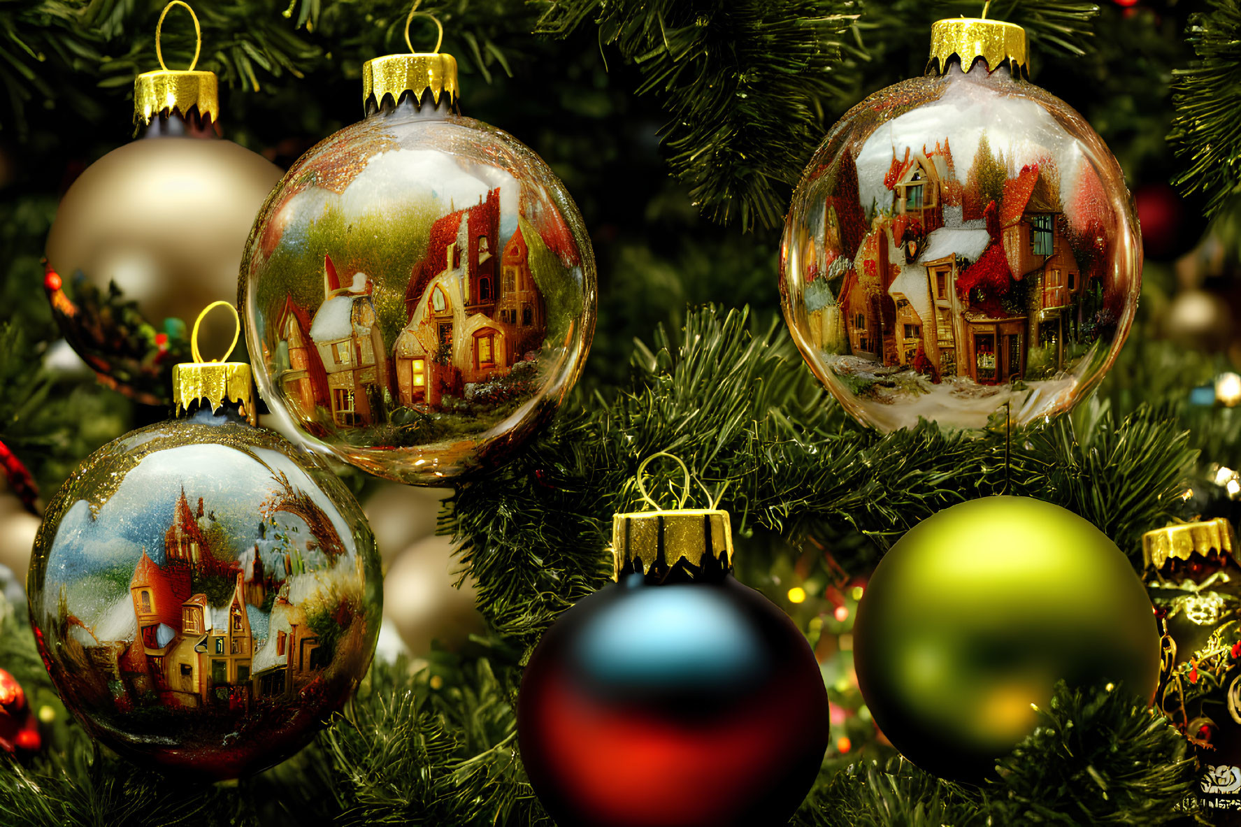 Christmas tree adorned with painted and solid color ornaments.