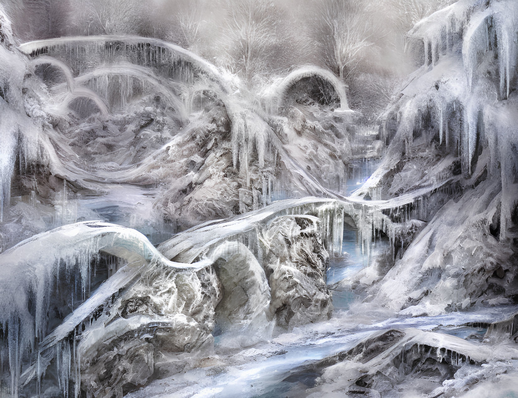 Frozen Waterfall and Snowy Landscapes with Icicles and Blue Stream