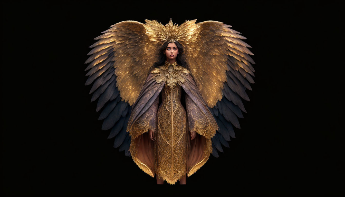 Regal figure in ornate gown with majestic wings