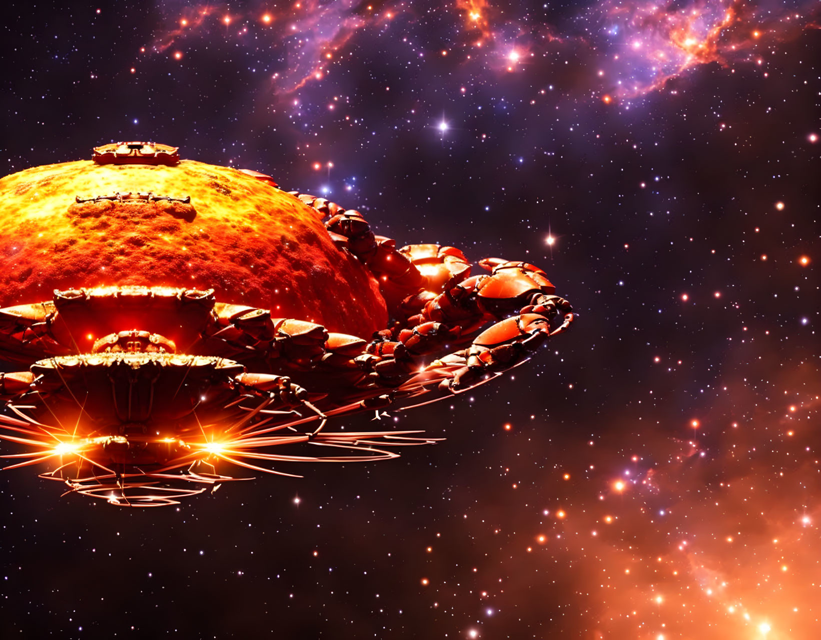 Futuristic structure around lava planet in starry galaxy