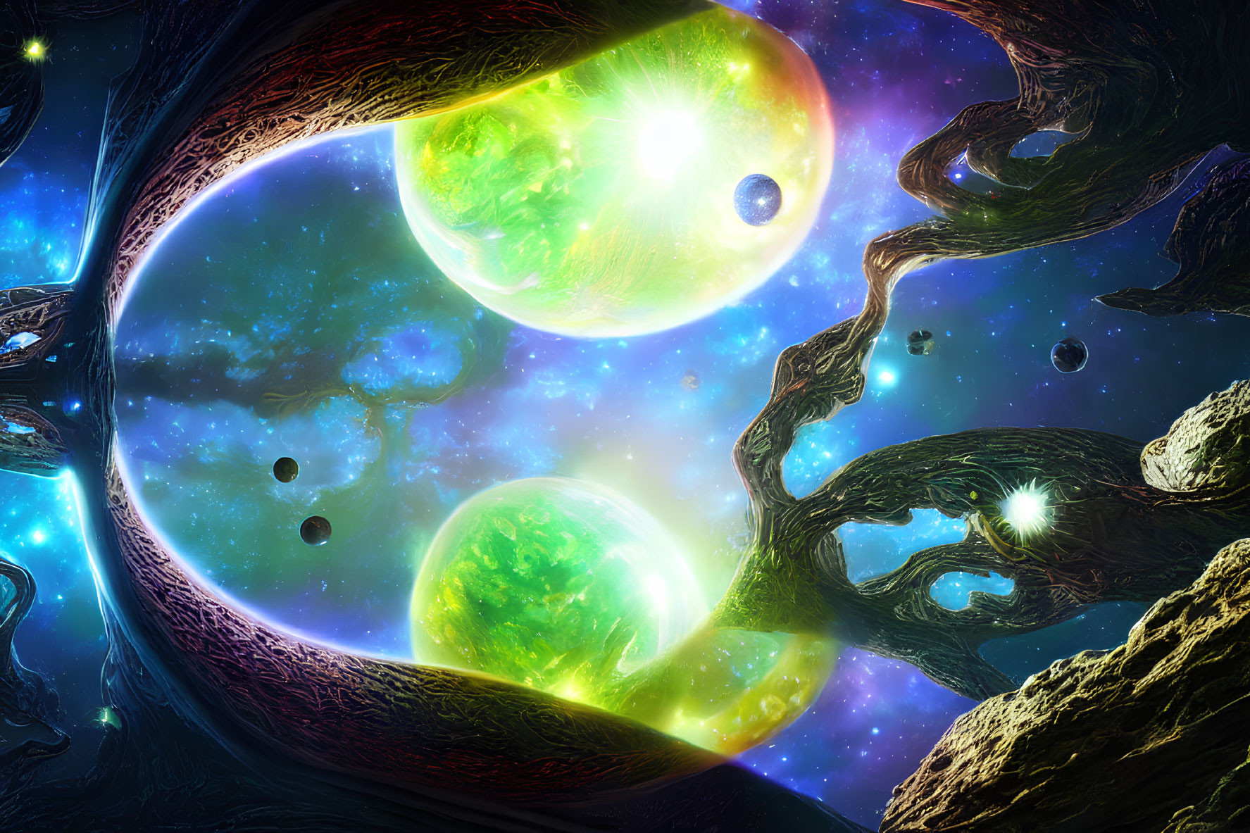 Colorful cosmic scene with green nebulae, celestial bodies, asteroids, and surreal tree-like structure