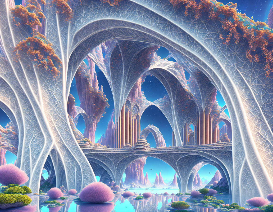 Ethereal Landscape with Lace-Like Arches and Pastels
