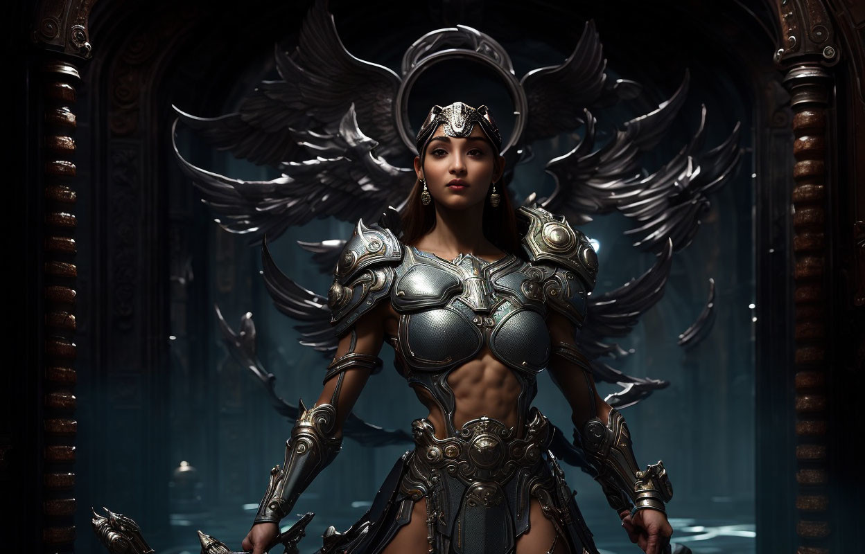 Warrior woman in silver armor with winged shoulders in dark majestic hall