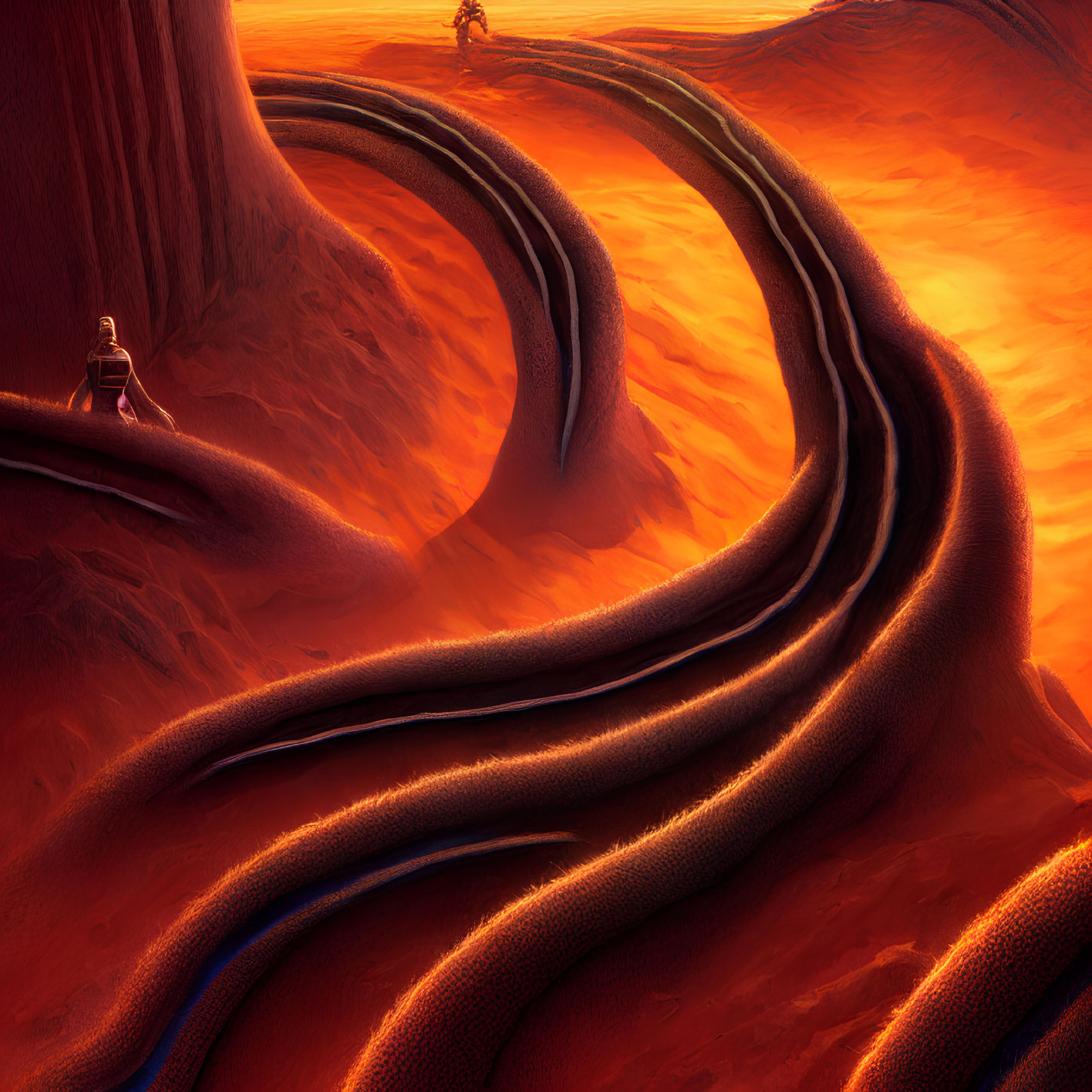 Surreal desert landscape with winding path and figures in warm light